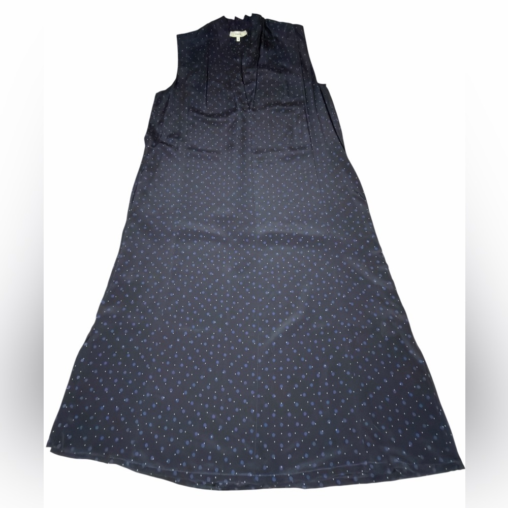 Vince Blue Silk Polka Dot Midi Dress M Sleeveless V Neck Casual Cocktail Pockets - Picture 9 of 16